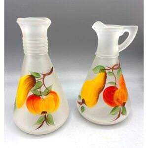 Vtg Hand Painted Gary Fad Frosted Glass Oil & Vinegar Bottle Fruit Design‎ Cruet